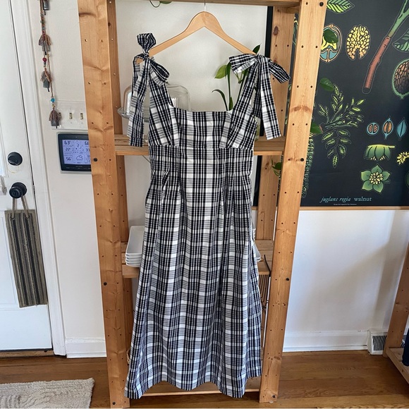 Anthropologie Maeve Black White Plaid Square-Neck Tie Strap Midi Dress Medium - Picture 5 of 16